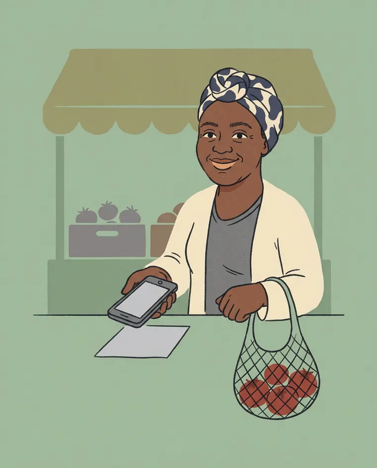 A woman at a market stall smiling as she logs her purchase on her phone