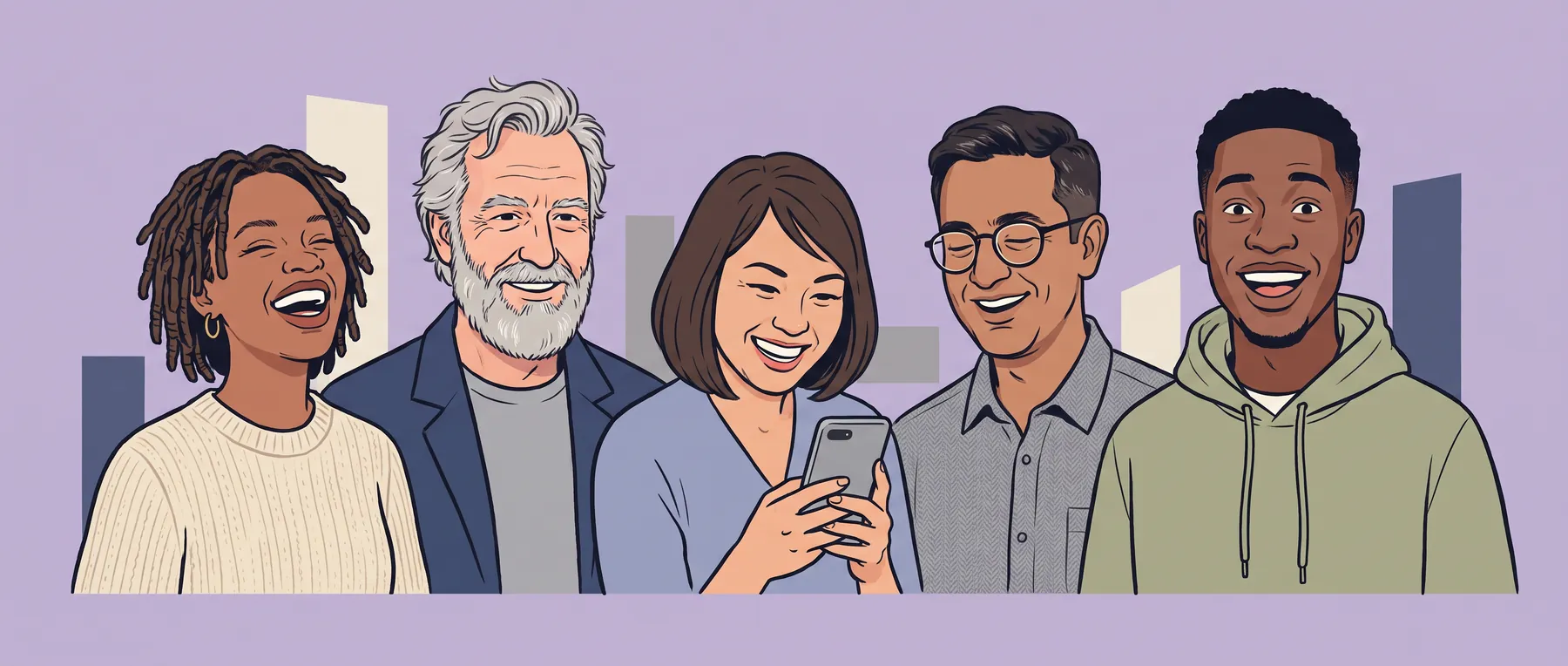 Five people of different ages and backgrounds laughing and smiling together