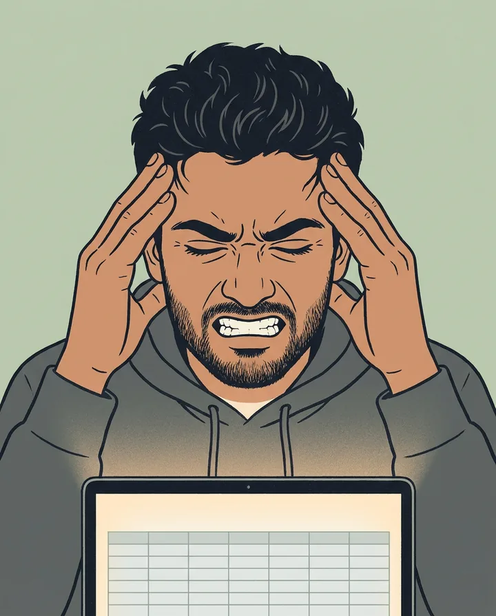 A man pressing his temples in frustration in front of a spreadsheet