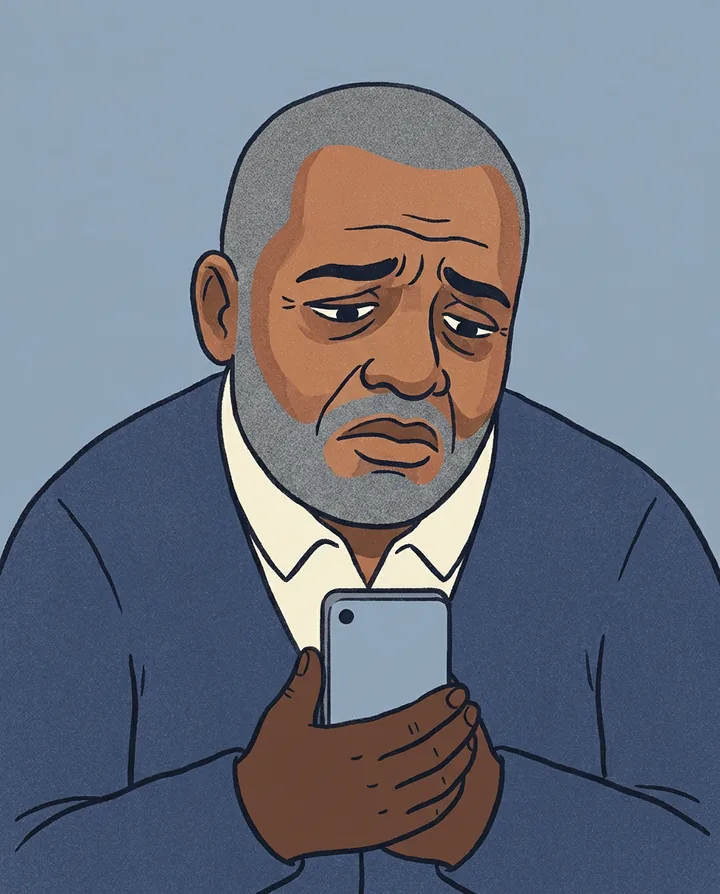 An older man looking down at his phone, disappointed