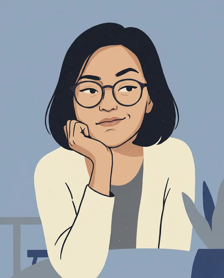 A woman resting her chin on her hand with a curious, slightly sceptical smile