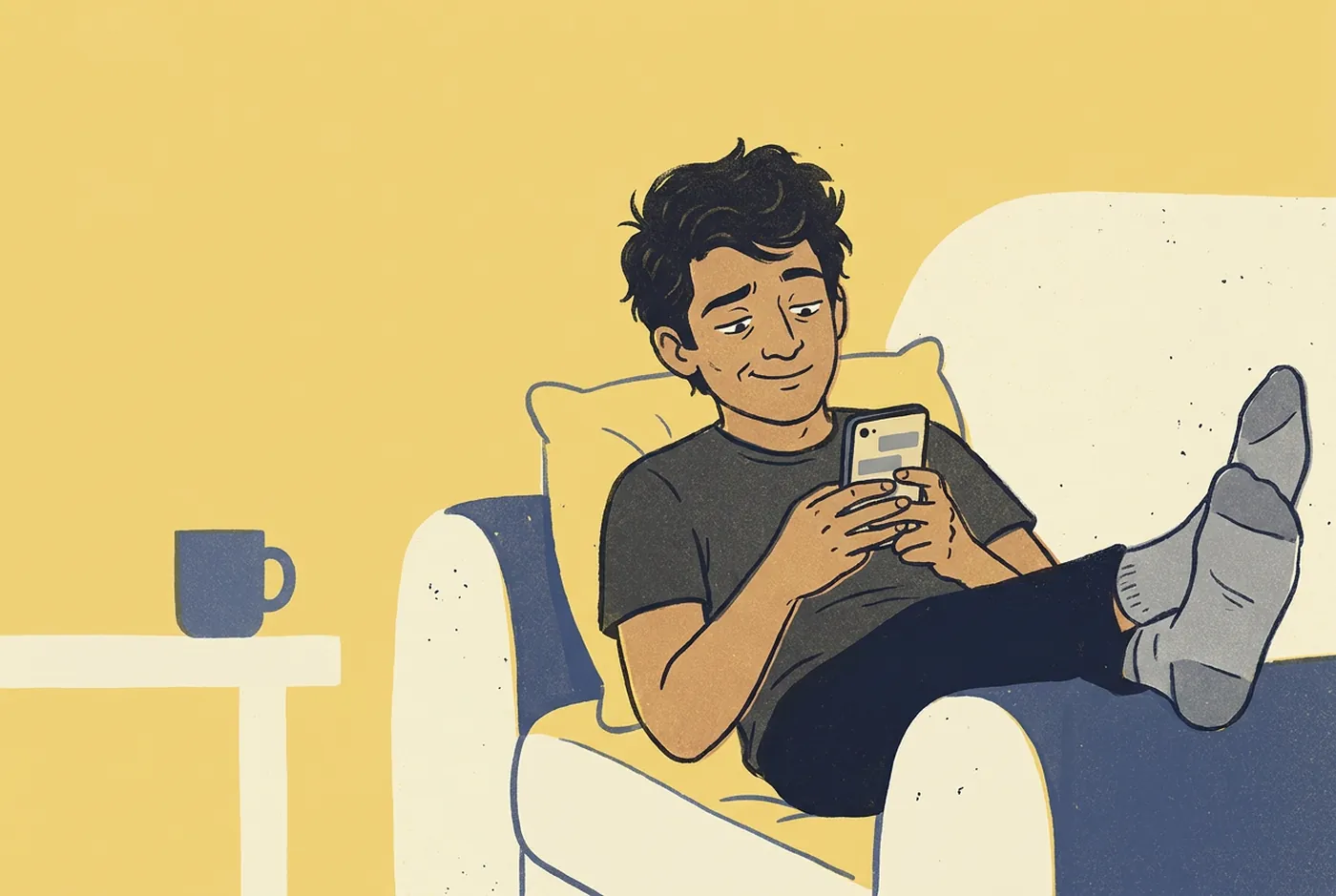 A young man lying back on a sofa, checking his finances on his phone